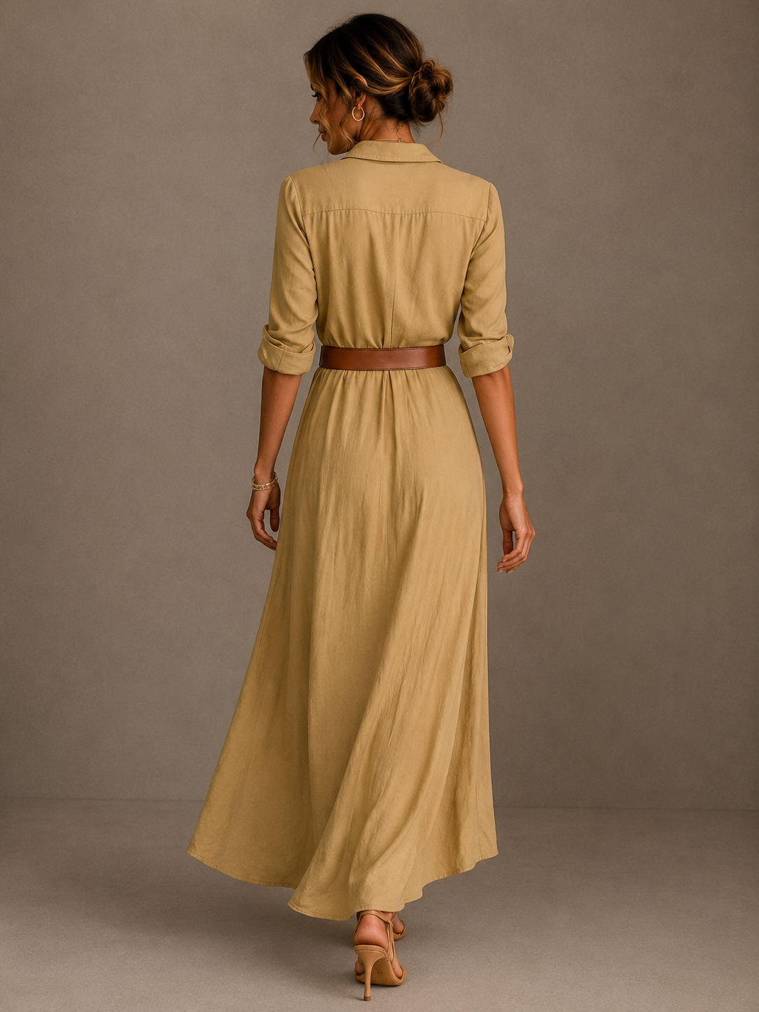 Camila | Vestido largo con solapa y cinturón en la cintura
